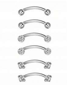 6件套多功能不锈钢水晶锆石鼻环、唇环、眉环，低过敏性人体穿刺饰品，16G不锈钢弯头眉环杠铃穿刺饰品套装，简约设计，适用于眉毛、耳朵、肚脐、嘴唇和身体其他部位，6/8毫米 - 眉釘 - 查看 2