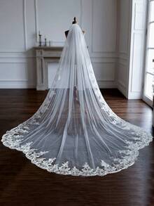 1pc Extra Long Bridal Veil With Lace Trim Design, Suitable For Wedding Dress, Cathedral Wedding,Summer,Beach - 彩色 - 查看 7