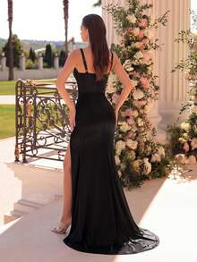 ADYCE 女士优雅褶皱前开衩露背鸡尾酒会礼服、正式晚礼服、晚宴礼服、婚礼宾客礼服、新年礼服 黑色春季 - 黑色 - 查看 2