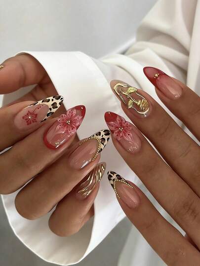 Conjunto de 24 unhas postiças em formato amêndoa francesa, com estampa elegante de leopardo, detalhes florais 3D em folha de ouro, adesivos de gel românticos com lixa de unha, perfeitas para uso diário.