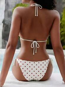 2026 New European & American Style Summer Beach Vacation 2-Piece Women's Sexy Polyester White With Red Polka Dot Halter Tie Triangle Bikini Top And Side Tie Bikini Bottom Bikini Set Set - Multicolor - View 4