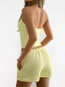 Bộ đồ hai mảnh màu vàng bơ mùa hè Vaiaye, áo hai dây ôm sát phối quần short dây rút, thích hợp mặc đi biển nghỉ mát, đồ mặc nhà thường ngày, phong cách đường phố. - Màu vàng - Xem 2