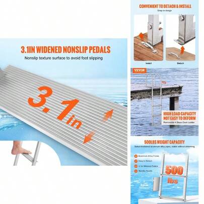 Dock Ladder, Removable 4 Steps, 500 Lbs Load Capacity, Aluminum Alloy Pontoon Boat Ladder With 3.1'' Wide Step Nonslip Rubber Easy To Install Ship/Lake/Pool/Marine Boarding