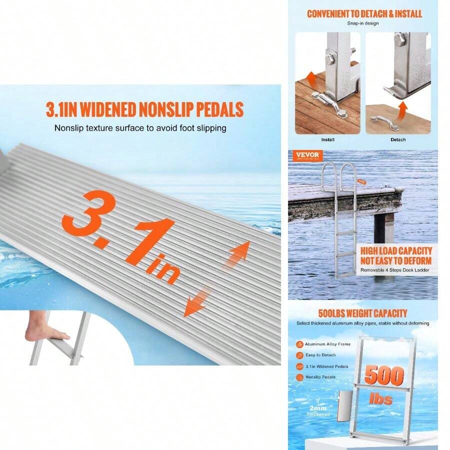 Dock Ladder, Removable 4 Steps, 500 Lbs Load Capacity, Aluminum Alloy Pontoon Boat Ladder With 3.1'' Wide Step Nonslip Rubber Easy To Install Ship/Lake/Pool/Marine Boarding - Default - View 1