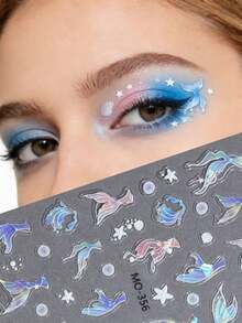 1 pieza Pegatina de maquillaje con forma de cola de sirena, estrella y ojo! Degradado azul y rosa con brillo holográfico, crea un look de sombra de ojos oceánico soñador para maquillaje de escenario o uso diario, fácil de lograr un maquillaje de hadas estilo Y2K, brillo facial, festival, pegatina facial, pegatina 3D, gemas faciales, pegatina decorativa - Multicolor - Ver 1
