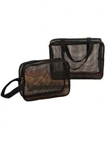 黑色网眼尼龙透明手提袋 男士洗漱包 便携旅行必备沙滩包 毛巾牙膏洗漱用品收纳袋 简约大气 居家旅行通用 - 黑色 - 查看 4