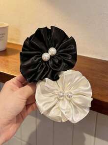 1pc Romantic French Retro Satin Ruffle Pearl Flower Clip, Elegant Niche Sweet Hair Clip For Half Updo - Multicolor - View 8