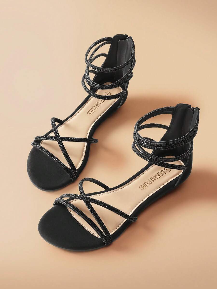 Women's Ankle Strap Flat Sandals Summer Dressy Strappy Gladiator Rhinestones Sandals Comfortable Cute Shoes - 黑色 - 查看 1