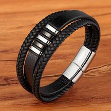 Men's Leather Bracelet With Stainless Steel Metal Detail - Bracelet - Silver Or Gold - Men's - màu đen - Xem 1
