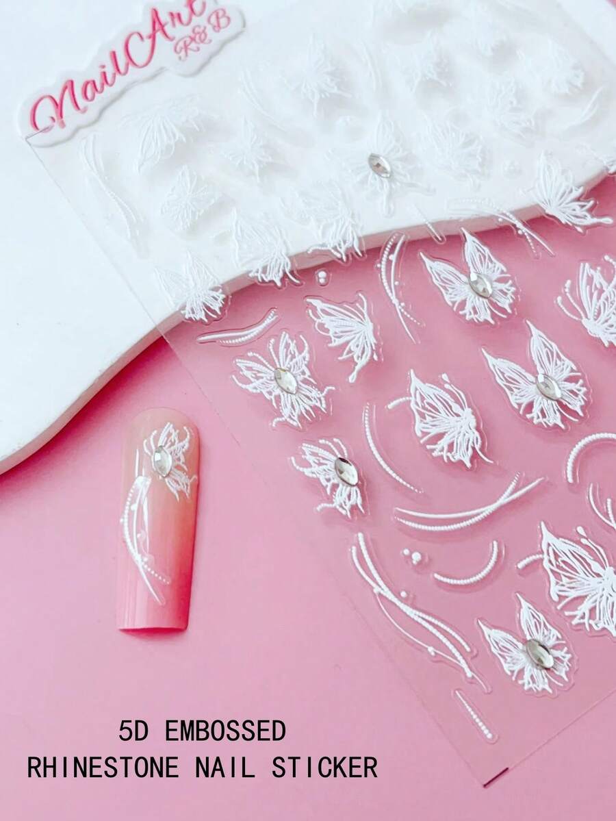 5D Embossed Rhinestone Nail Sticker , Nail, DIY Nail Decoration, Nail Stickers, Using Three-Dimensional Relief White Hollow Butterfly, Matched With Flowing Lines, Very Suitable For Girls To Create Nail Art. Suitable For Creating Bride's Nails, Dreamy, Y2K Sweet And Cool Style, Very Suitable For Spring, Summer, Autumn, Winter Seasons, Suitable For Matte, Shiny Nails, Long Nails, Short Nails, Duckbill, Pointed, French Nails And Artificial Nails - Multicolor - View 1