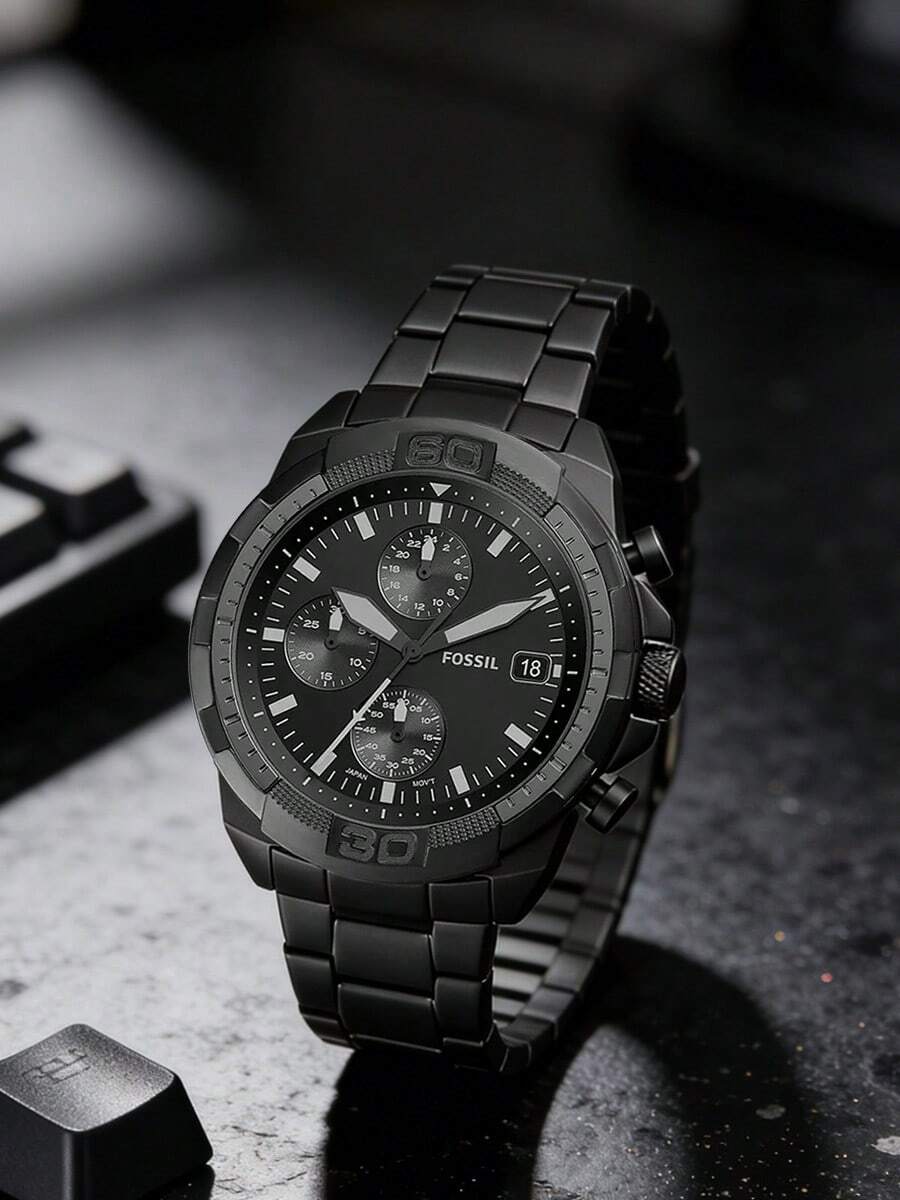 Fossil 男式石英不锈钢三针手表不锈钢表壳/防刮玻璃 FS5851/FS5852/FS5853/FS5878/FS5916/FS6017 - 黑色黑盤 - 查看 1