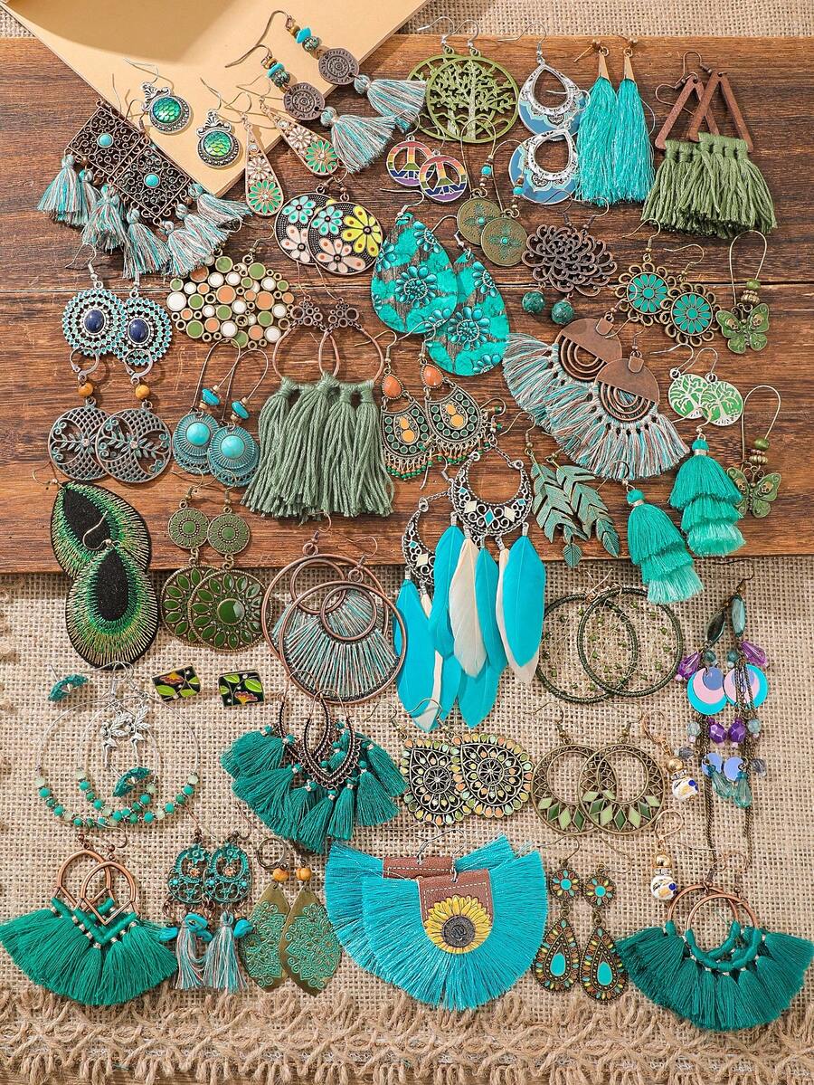 TopHanqi Ensemble de boucles d'oreilles bohèmes vintage pour femmes, boîte aveugle aléatoire de boucles d'oreilles à franges géométriques, bijoux de style Mori polyvalents - Multicolore - Voir 1
