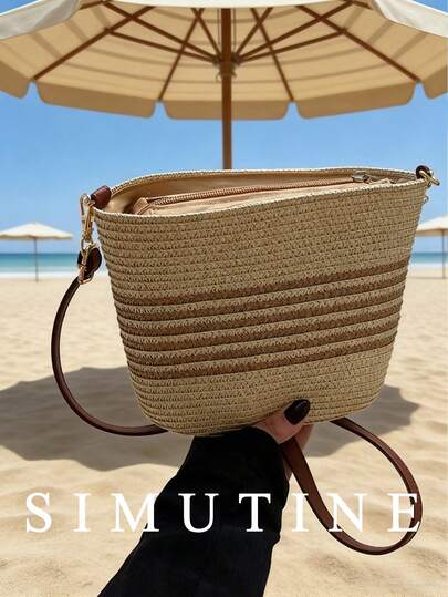 SIMUTINE New Straw Bucket Bag, Beach Vacation Tote, Fashionable Casual Woven Bag, Straw Material, Daily Use Bag, Suitable For Shopping, Commuting, Work, University