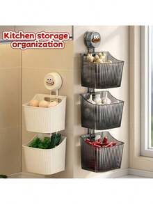 壁挂式厨房收纳篮，可收纳蔬菜、洋葱、大蒜、鸡蛋，无需钻孔，也可作为浴室挂式收纳篮、化妆品挂式收纳篮使用，适用于厨房、浴室、卧室 - 彩色 - 查看 1