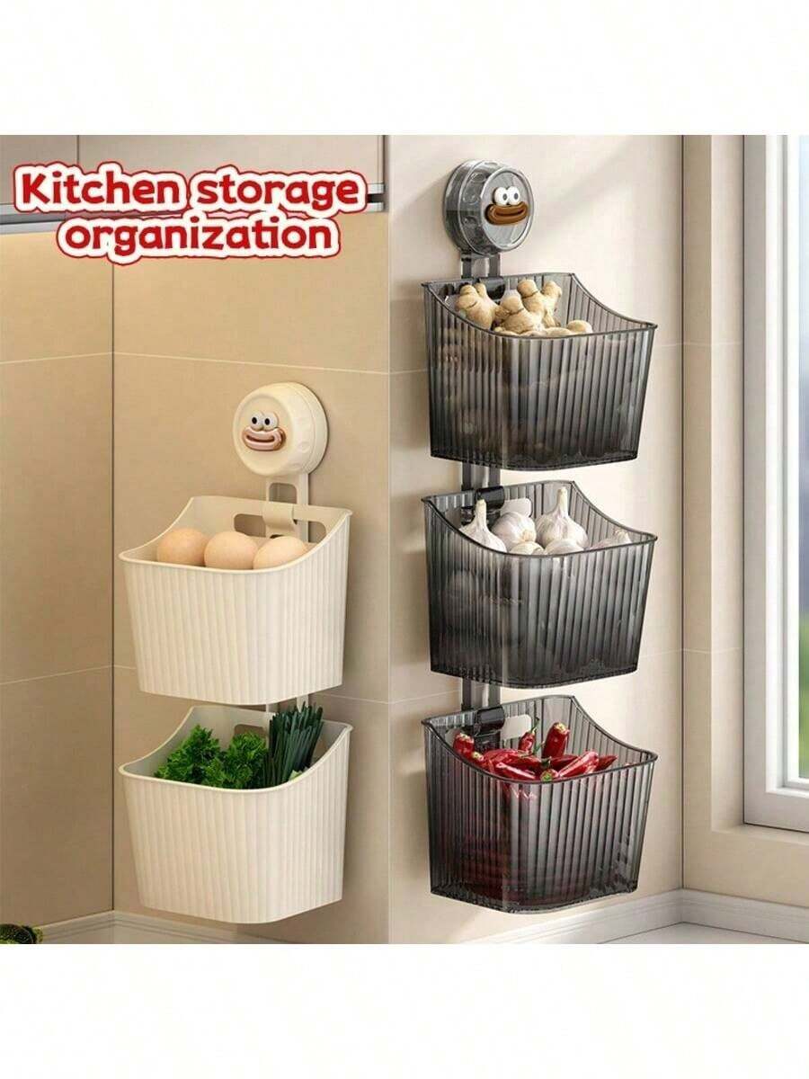 壁挂式厨房收纳篮，可收纳蔬菜、洋葱、大蒜、鸡蛋，无需钻孔，也可作为浴室挂式收纳篮、化妆品挂式收纳篮使用，适用于厨房、浴室、卧室 - 彩色 - 查看 1