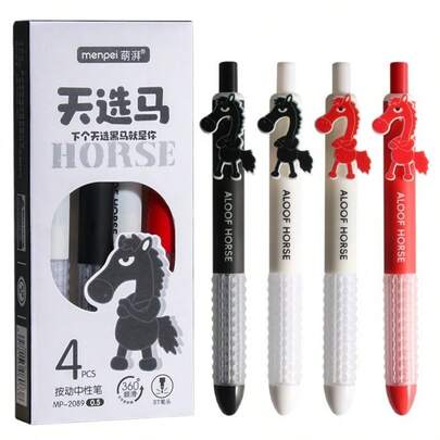 4支/套 马元素设计中性圆珠笔，卡通马年造型圆珠笔，高品质黑色墨水笔，动感签名笔，适用于学生、家庭和办公室