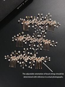 1件可调节珍珠串珠发梳，银色水晶新娘发饰，带叶子装饰，适合女性婚礼佩戴 - 金色 - 查看 4