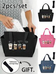 Bolsa aislada con patrón de 4 tazas de café y bolsa de almacenamiento de cubiertos negra | Lonchera de gran capacidad con doble bolsillo para mantener la comida caliente o fría, ideal para estudiantes, oficina, viajes, picnics y campamentos | Artículo esencial para volver al colegio, regalo de aprecio a maestros, favor de boda, regalo de agradecimiento, regalo del Día de la Madre | Para mujeres y hombres, imprescindible para vacaciones, versátil enfriador para el trabajo, la escuela y el almuerzo - Multicolor - Ver 1