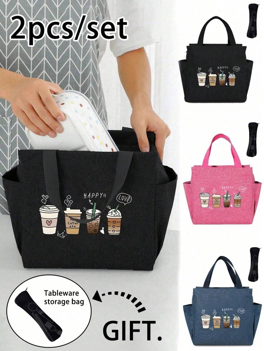 Bolsa aislada con patrón de 4 tazas de café y bolsa de almacenamiento de cubiertos negra | Lonchera de gran capacidad con doble bolsillo para mantener la comida caliente o fría, ideal para estudiantes, oficina, viajes, picnics y campamentos | Artículo esencial para volver al colegio, regalo de aprecio a maestros, favor de boda, regalo de agradecimiento, regalo del Día de la Madre | Para mujeres y hombres, imprescindible para vacaciones, versátil enfriador para el trabajo, la escuela y el almuerzo - Multicolor - Ver 1