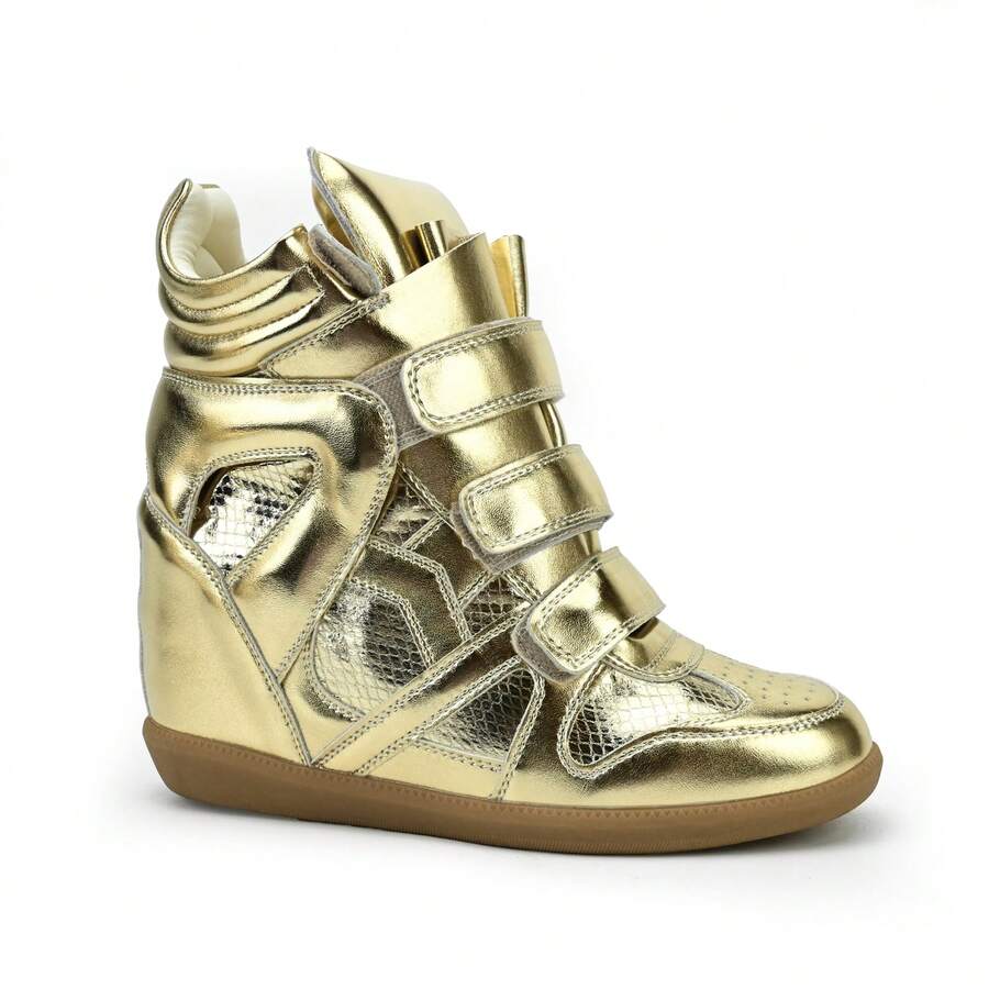 Hidden Wedge Sneakers For Women High Top Fashion Sneaker Suede High Heel Platform Tennis Triple Strappy Band Casual Vintage Dressy Comfy Campus  Retro Sneaker - Vàng - Xem 1