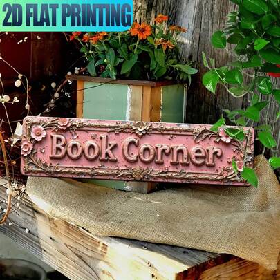 2D Flat, 2D Flat - 2D Flat, Vintage Book Corner Logo - Elegant Pink Floral Decor With Luxurious Typography, Rustic Library Decor - Durable Iron Wall Art Plaque, Suitable For Home, Porch, Bookshelf - Perfect Housewarming, Birthday Gift, For Decorative Use Only, 2D Flat
