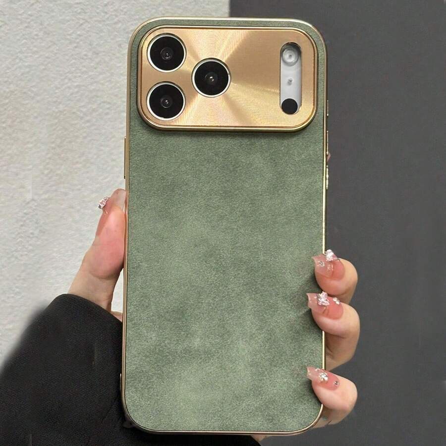 1pc New Luxury Minimalist Electroplated Faux Fur Phone Case Compatible With Apple 17 Pro Max, 17 Pro, 17 Air, 16 Pro Max, 16 Pro, 15 Pro Max, 15 Pro, 14 Pro Max, 13 Pro, 12 Pro Max, 11 Pro Max, 11 Pro, Unisex Fashion Phonecase With Electroplated Camera Lens Cover - Green - View 1