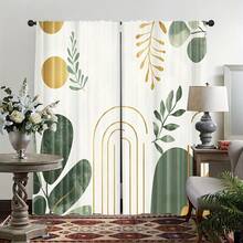 2pcs Light Green Bohemian Style Curtains, With Rod Pocket Design For Privacy Protection, Decorated With Gold Artistic Accents, Suitable For All Seasons. Made Of Polyester Material, Perfect For Decorating Dining Room, Public Space, Living Room, Bedroom, Workspace, Study And Vacation Home. - Multicolor - View 2