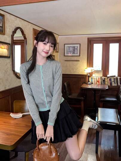 女士休闲简约圆领针织上衣，撞色二合一长袖毛衣开衫，轻薄春夏外套