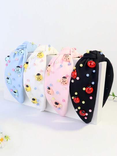 1pc Women's Ladybug & Faux Pearl Decor Insect Print Cute Polyester Knotted Headband, Summer
