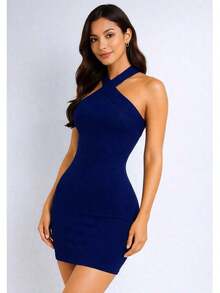 Short Dress With Crossed Straps – Fitted, Sexy, And Elegant For Parties - Navy Blue - View 2