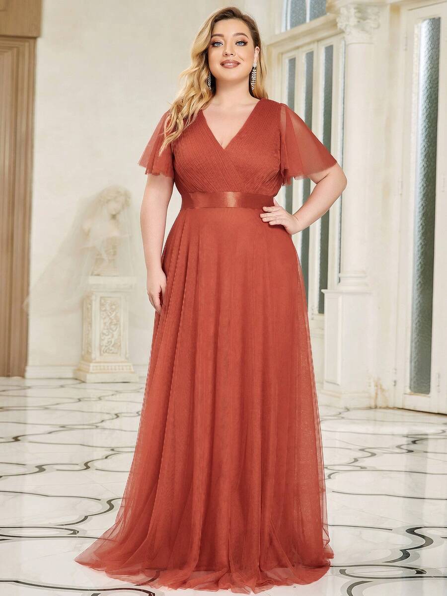 EVERPRETTY Plus Size Women Deep V-Neck Elegant Waist Cinching Wedding Party Bridesmaid Dress Spring