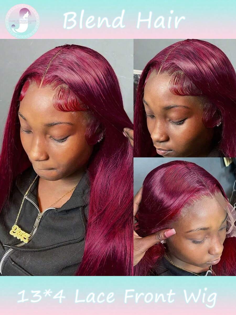 13x4 酒红色蕾丝前假发，真人混纺直发，99J 蕾丝假发，预先拔毛，带婴儿发，180% 密度，自然发际线，直发，适合 8-36 英寸女性（混纺假发 - 真人发和合成纤维混合）。真人混纺假发/女士真人混纺假发/真人混纺蕾丝前假发/无胶假发/漂白发结/预先拔毛/蕾丝假发/提升您的造型/增强自信/完美礼物