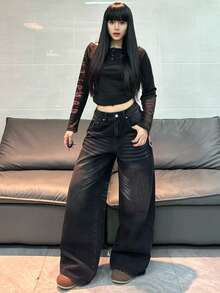 1 chiếc quần jeans ống rộng nữ thời trang, chất liệu denim rách thêu họa tiết, dáng rộng thoải mái, đa năng, thích hợp cho mọi mùa và kỳ nghỉ. - màu đen - Xem 9