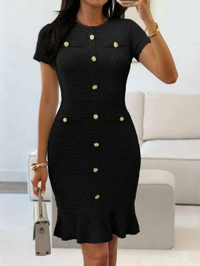 Unadoll Women's Spring Round Neck Short Sleeve Dress With Fake Pockets And Decorative Buttons, Elegant And Fashionable, Suitable For Party, Date, Commute, Birthday, Valentine's Day And Other Occasions Black Summer