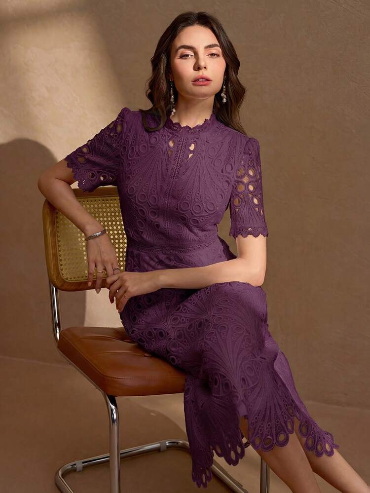 Vestido elegante de verano para mujer con cuello redondo, parche de encaje, cierre trasero y ajuste ceñido de lujo - Morado - Añade 8