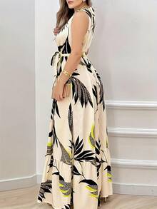 Women's Casual Sleeveless Dress With Botanical Print, Elegant, Summer, Boho Dress With Belt, Gathered Hem, Round Neck Gathered Sleeves, Regular Fit, Long With Tropical Floral Print - màu đen - Xem 2