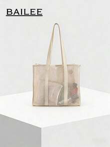 1 Set Of Fashionable Bohemian Style Beach Bag, Solid Color Design, Large Capacity And Portable, Made Of Polyester Fiber Material, Full Mesh Design For Transparency And Breathability, Another Style Features Double Top Handles, Suitable For Travel, Camping And Storage, Ideal Choice For Bohemian Women, Boho, Summer - 卡其色 - 查看 9