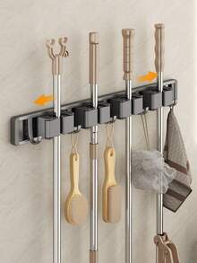 Adjustable Hook Space-Saving Mop Broom Holder, Wall-Mounted Storage Rack For Bathroom Kitchen Garden Garage, Tool Equipment Storage Solution With Shelf - Multicolor - View 10