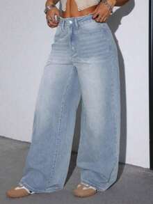 Women's Casual Loose Wide Leg Jeans With Pockets, Suitable For Daily Wear Spring - 淺色水洗 3 - 查看 5