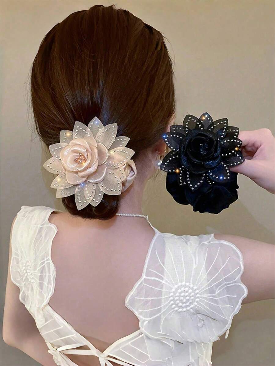 1/2pcs Vintage Elegant Fabric Rhinestone Flower Elastic Hair Scrunchies, Fashion Women Hair Accessories, Flower Hair Scrunchie And Elastic Hair Scrunchies, Best Gift Choice For Valentine's Day Ponytail Holders Scrunchy