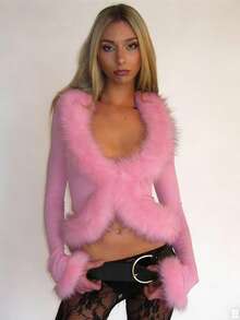 Women's Faux Fur Fuzzy Cuff Trim Long Bell Sleeve Deep V-Neck Cardigan Tops Mesh Sheer Lace Open Front Blouse Tops Y2K Tee Shirts - 粉色 - 查看 4