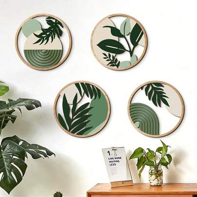1/4pcs Bohemian-Style Wooden Wall Hanging, Round Green Plant Wall Decoration, Suitable For Living Rooms, Bedrooms, Studies, Balconies, Bathrooms, Etc