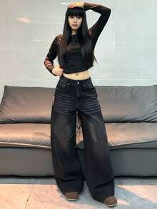 1 chiếc quần jeans ống rộng nữ thời trang, chất liệu denim rách thêu họa tiết, dáng rộng thoải mái, đa năng, thích hợp cho mọi mùa và kỳ nghỉ. - màu đen - Xem 7