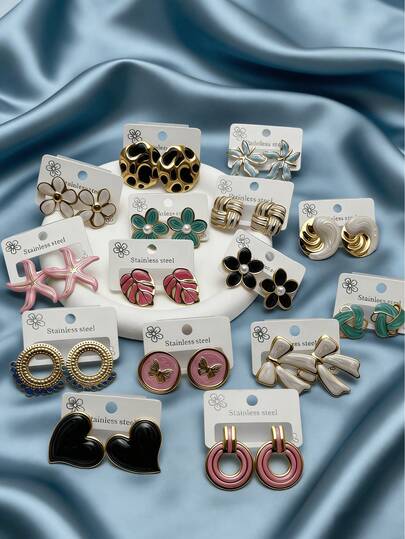 Summer Fashion Earrings For Ladies, A Set Featuring Various Styles Such As Gentle, Retro, Vacation, And Sweet. Anti-Allergic And Oxidation-Resistant. The Perfect Choice For Ladies On Dates Or Vacations, And A Great Gift For Mother's Day