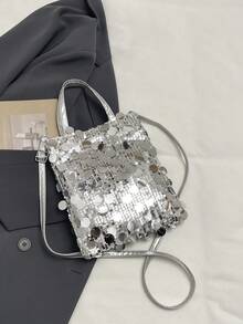 1 chiếc túi cầm tay PVC đính sequin chần bông, túi xách đính sequin, túi đeo vai, ví đựng tiền xu và điện thoại đính sequin lấp lánh thời trang, túi dự tiệc cho nữ, túi đeo vai dây xích mới, túi đeo vai thời trang đính sequin lấp lánh, thích hợp cho phụ nữ tham dự tiệc chiêu đãi và các buổi liên hoan. - Bạc - Xem 4