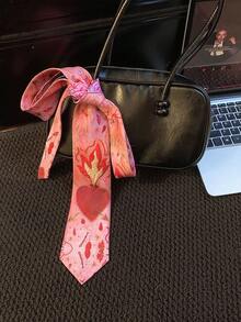 1条Y2K风格独特火焰爱心真丝手工领带，红色爱心和樱花图案，适合休闲、街头、日常、派对、学校等各种场合穿着。 - 彩色 - 查看 6