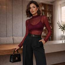 Women's Bodysuit With Transparent Tulle, Long Sleeves, High Neck, Elegant, Fashion Blogger Style - 瑪薩拉紅 - 查看 1