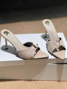 Pointed Toe Ruffle Metal Buckle Stiletto Heel Sexy Sandals For Women, Summer New Arrival - Apricot - View 8