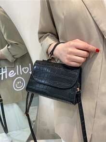 纯色PU皮革拼接蝴蝶结设计翻盖方形斜挎包，适合女性日常通勤、购物、旅行、聚会、闺蜜之夜、节日庆典、生日礼物及派对等场合。 - 黑色 - 查看 2