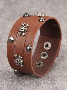 1pc Leather Bracelet, Personalized Rivet Wide Cuff Bracelet, Punk Style Stage Performance Accessory, Unisex, Nightclub Decor, Gift For Boyfriend - Bracelet - View 14